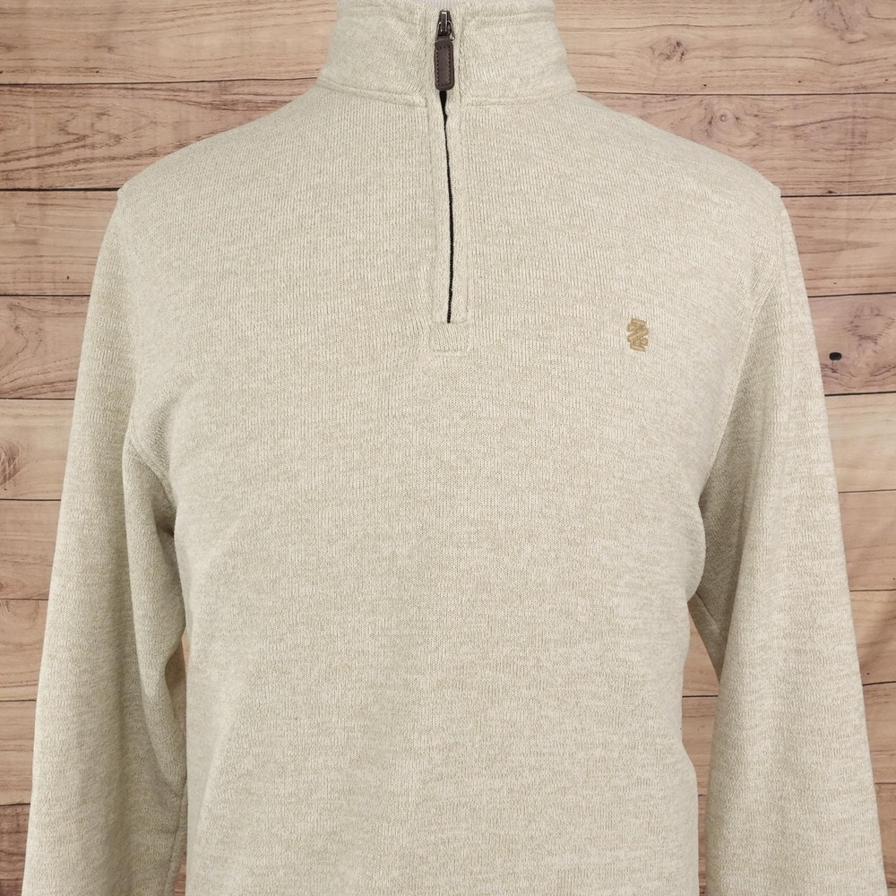 IZOD Sweater Mens XL Beige Mock Neck 1/4 Zip Pullover Knit Logo Long Sleeve